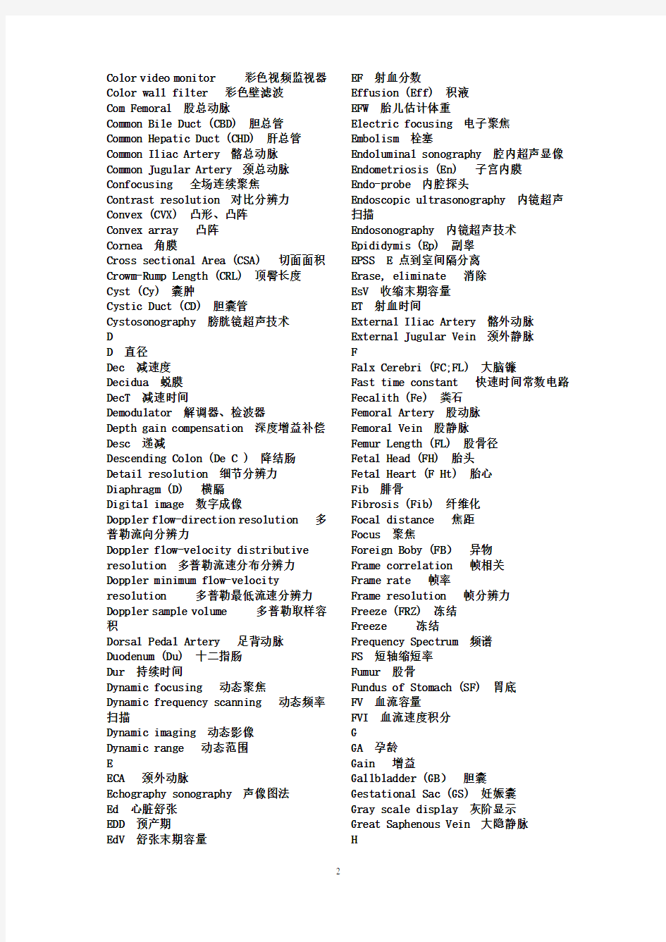 常用超声医学术语、缩略语中、英文对照