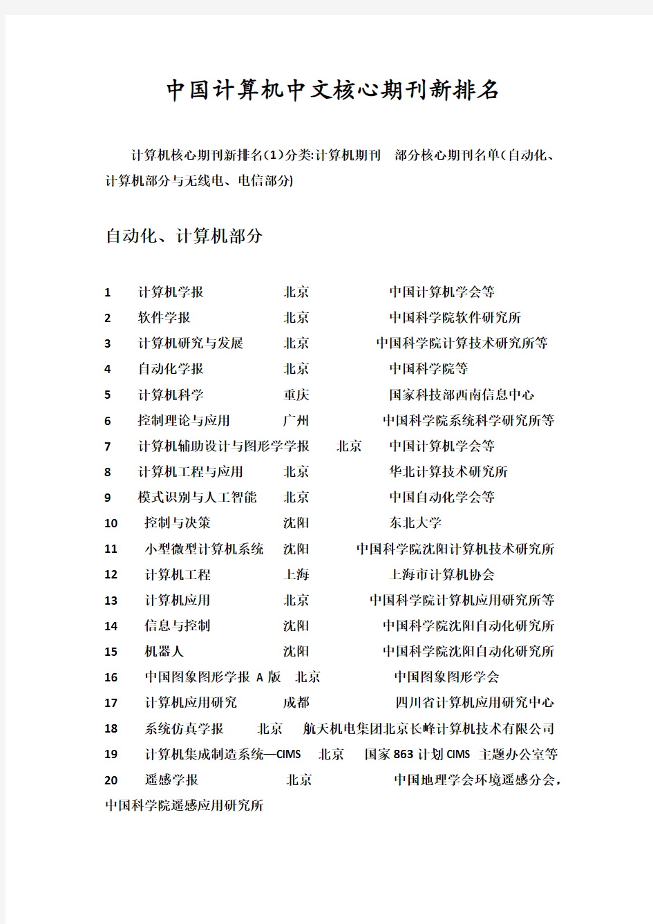 中国计算机中文核心期刊新排名