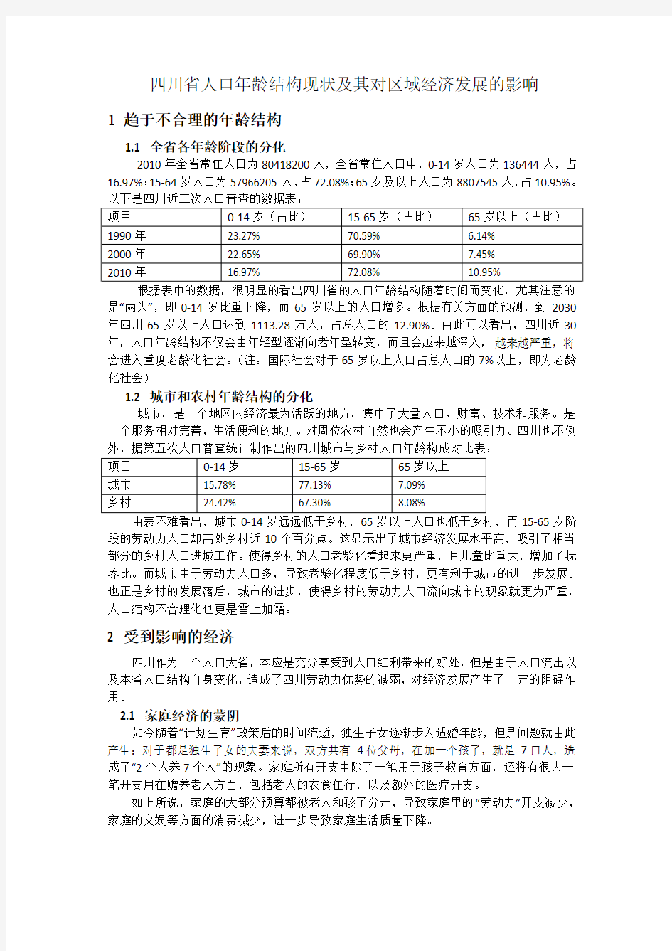 四川省人口年龄结构现状及其对区域经济的影响