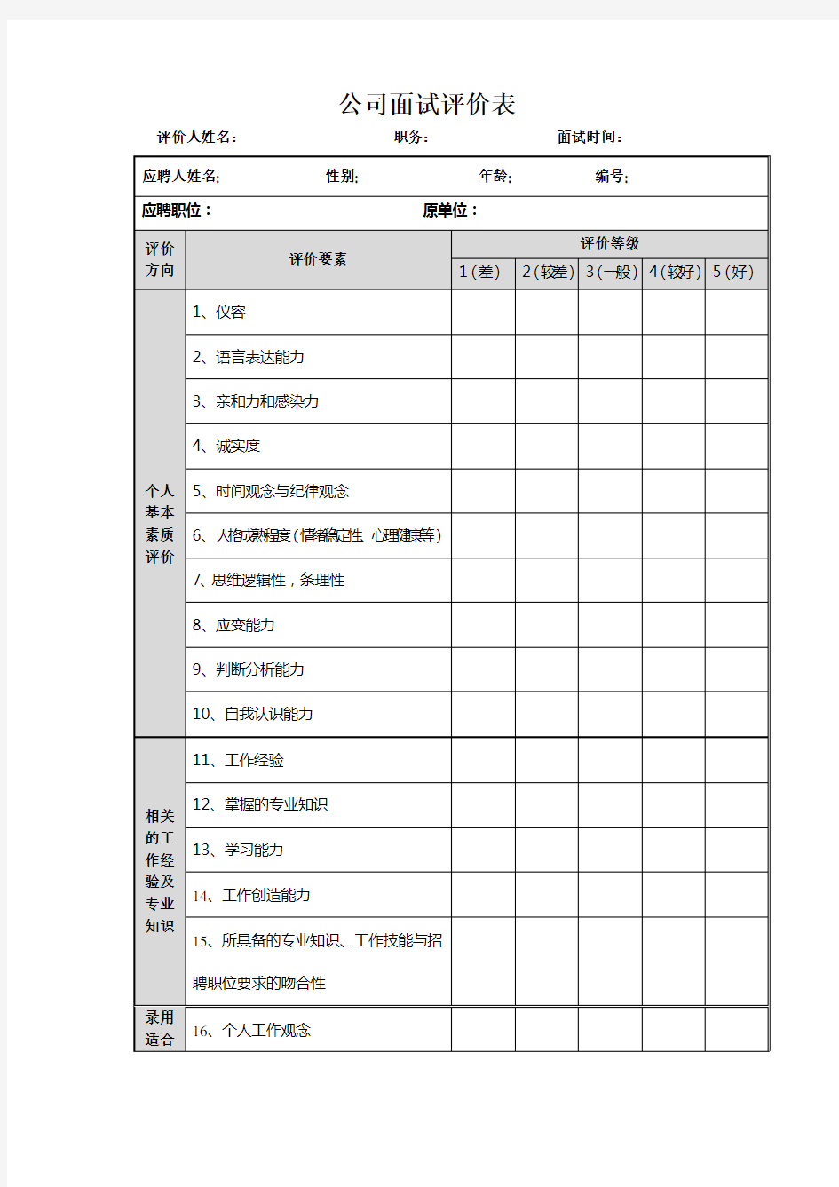 公司面试评价表