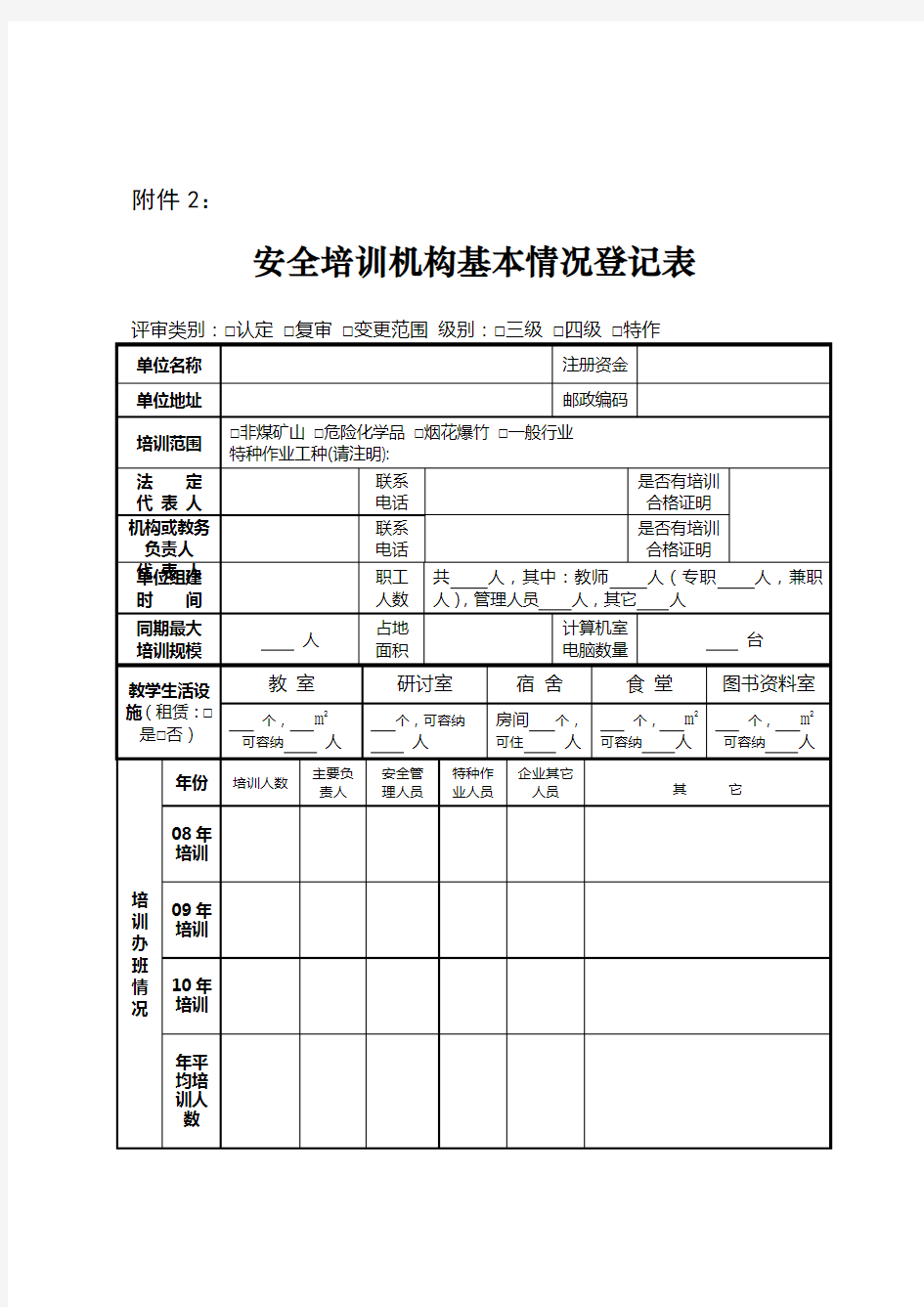 安全培训机构基本情况登记表