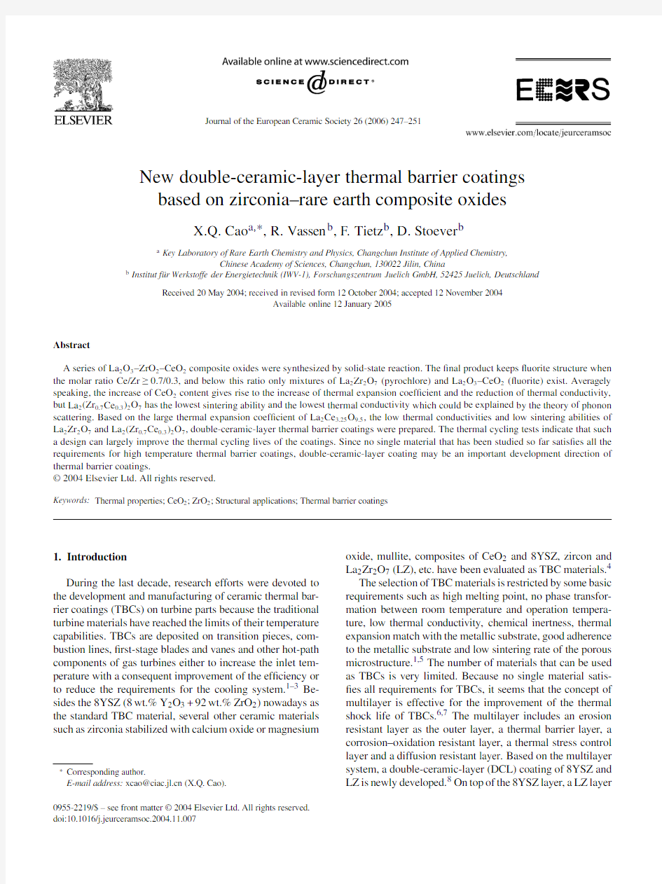 8.New double-ceramic-layer thermal barrier coatings based on zirconia-rare earth composite oxides