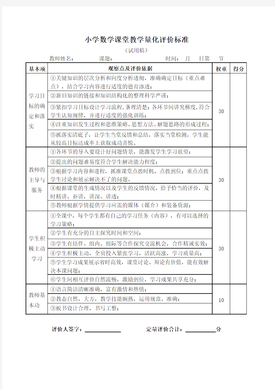 小学数学优质课评价表