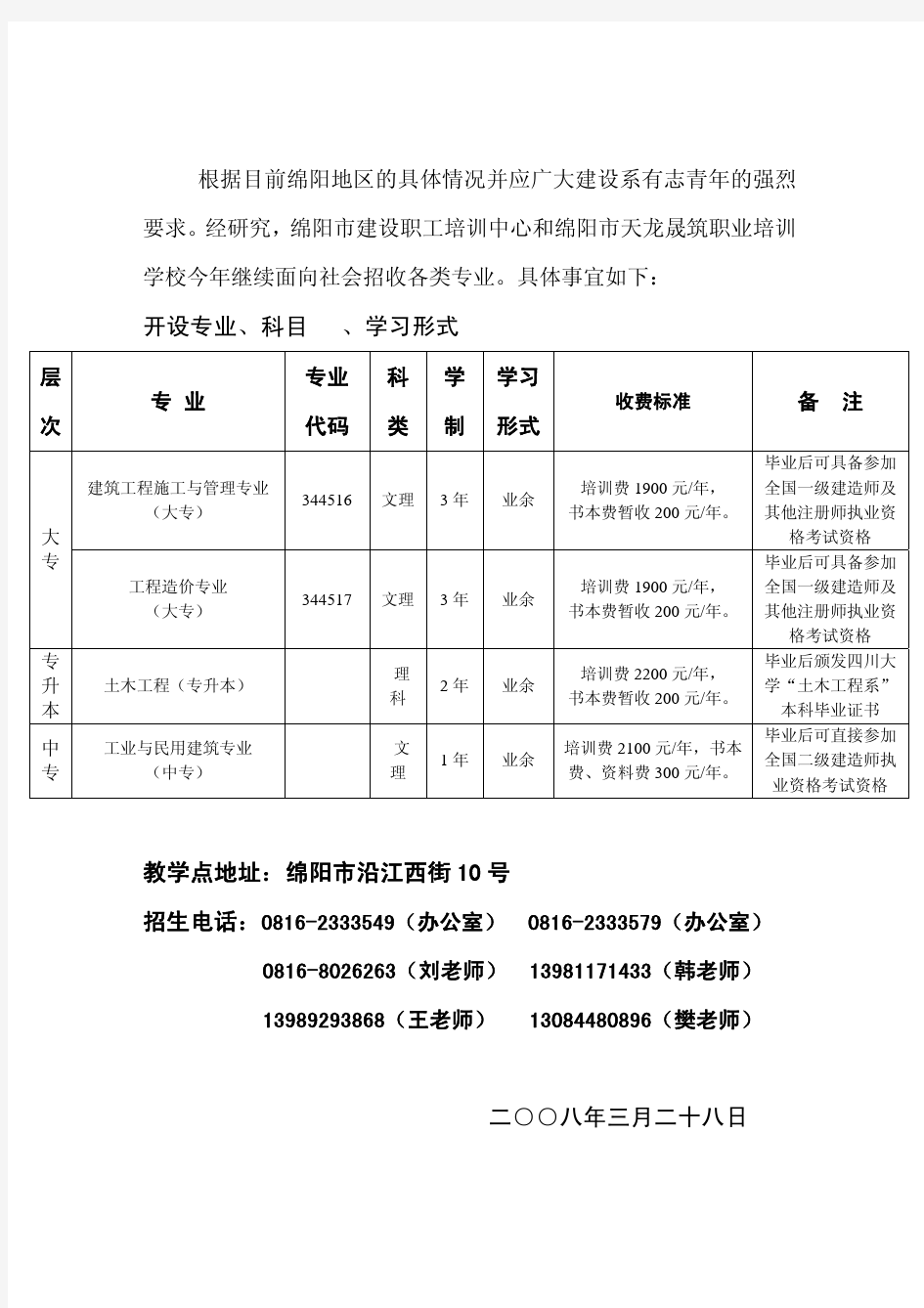 四川建筑职业培训学院绵阳教学点-2008 年招生简章