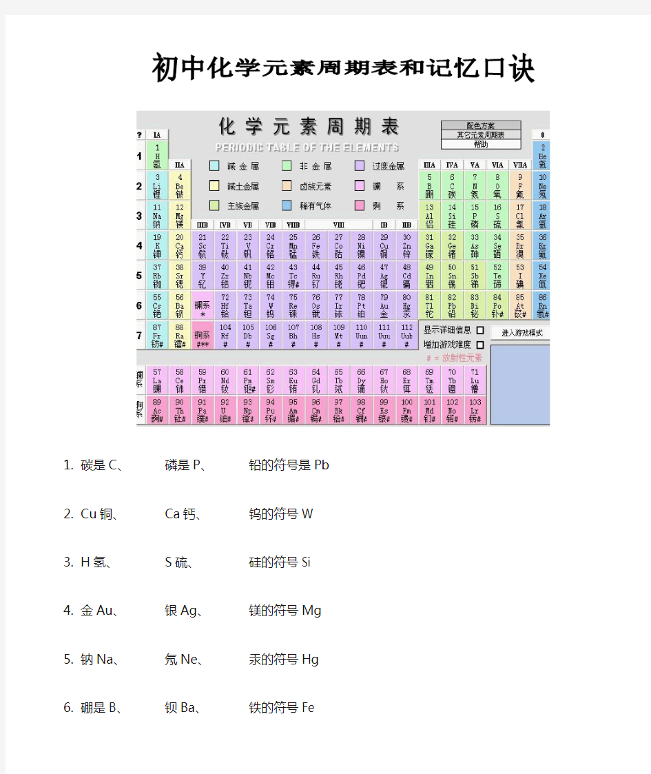 初中化学元素周期表和记忆口诀