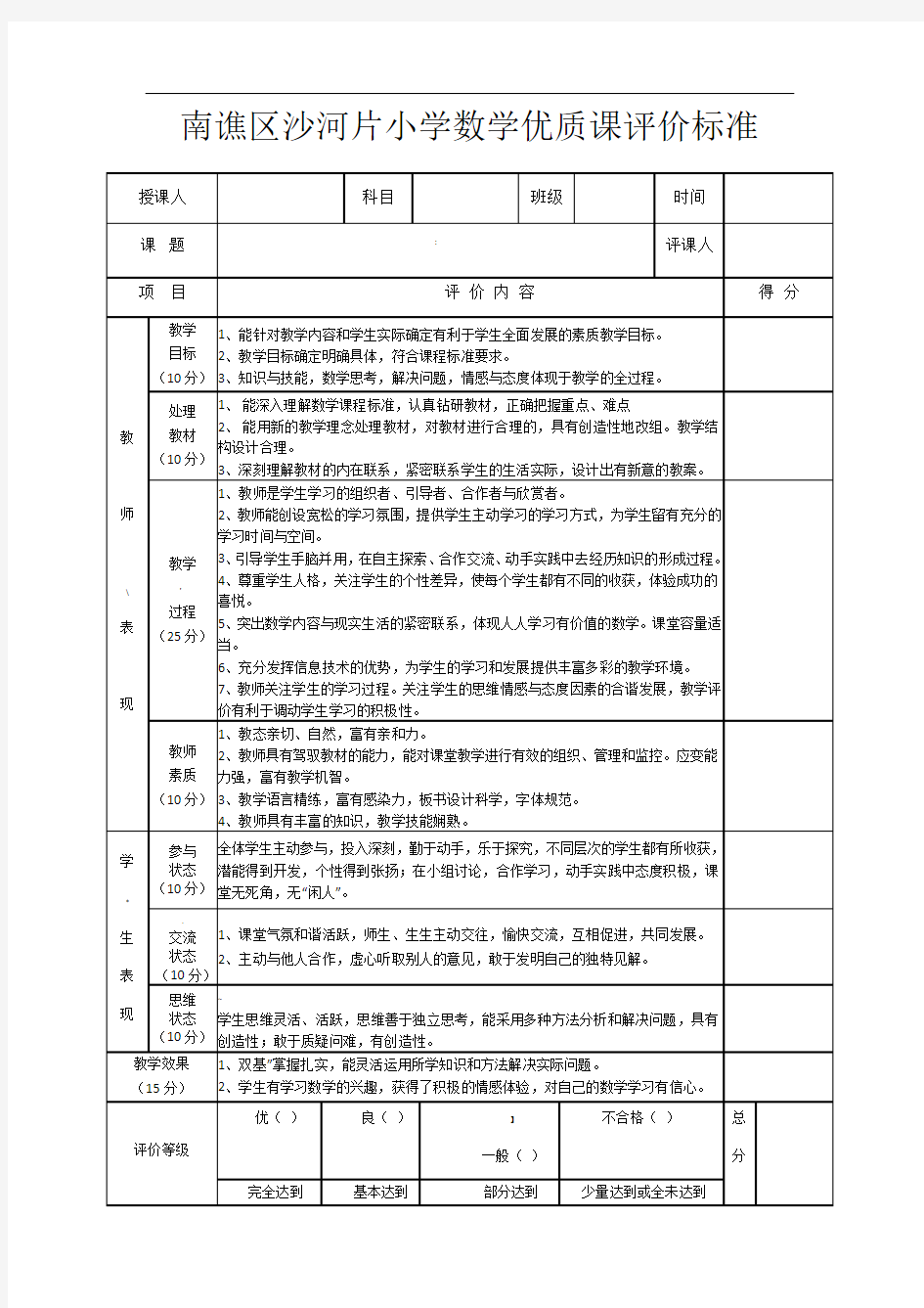 小学数学优质课评价标准及赋分表