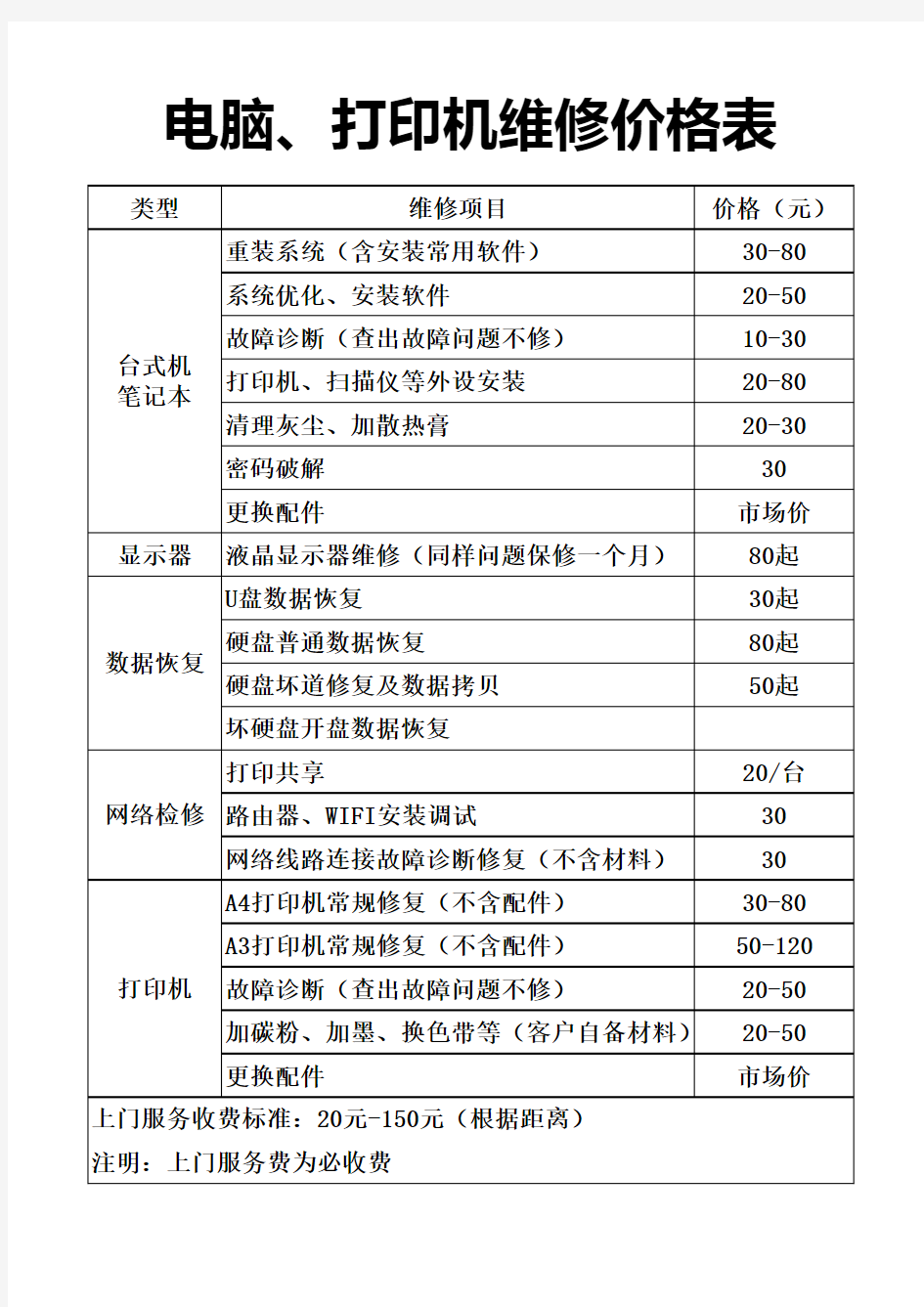 电脑、打印机维修价格表