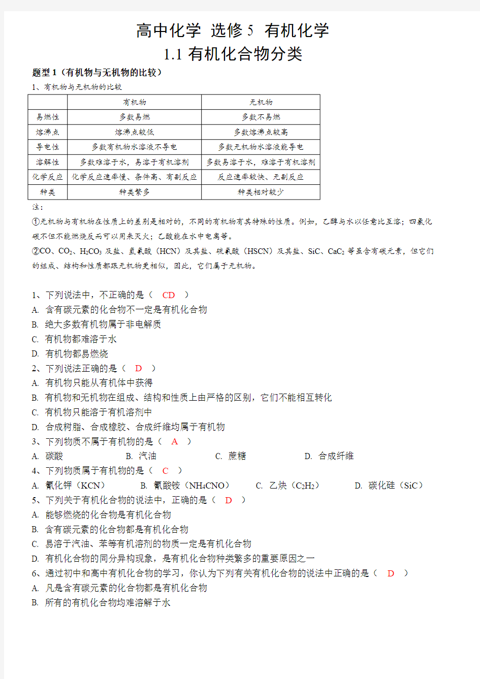 高中化学 选修5 有机化学 1.1 有机化合物分类 知识点总结 题型分类总结练习