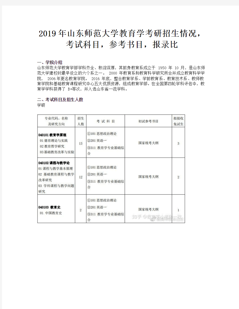 2019年山东师范大学教育学考研招生情况,考试科目,参考书目,报录比