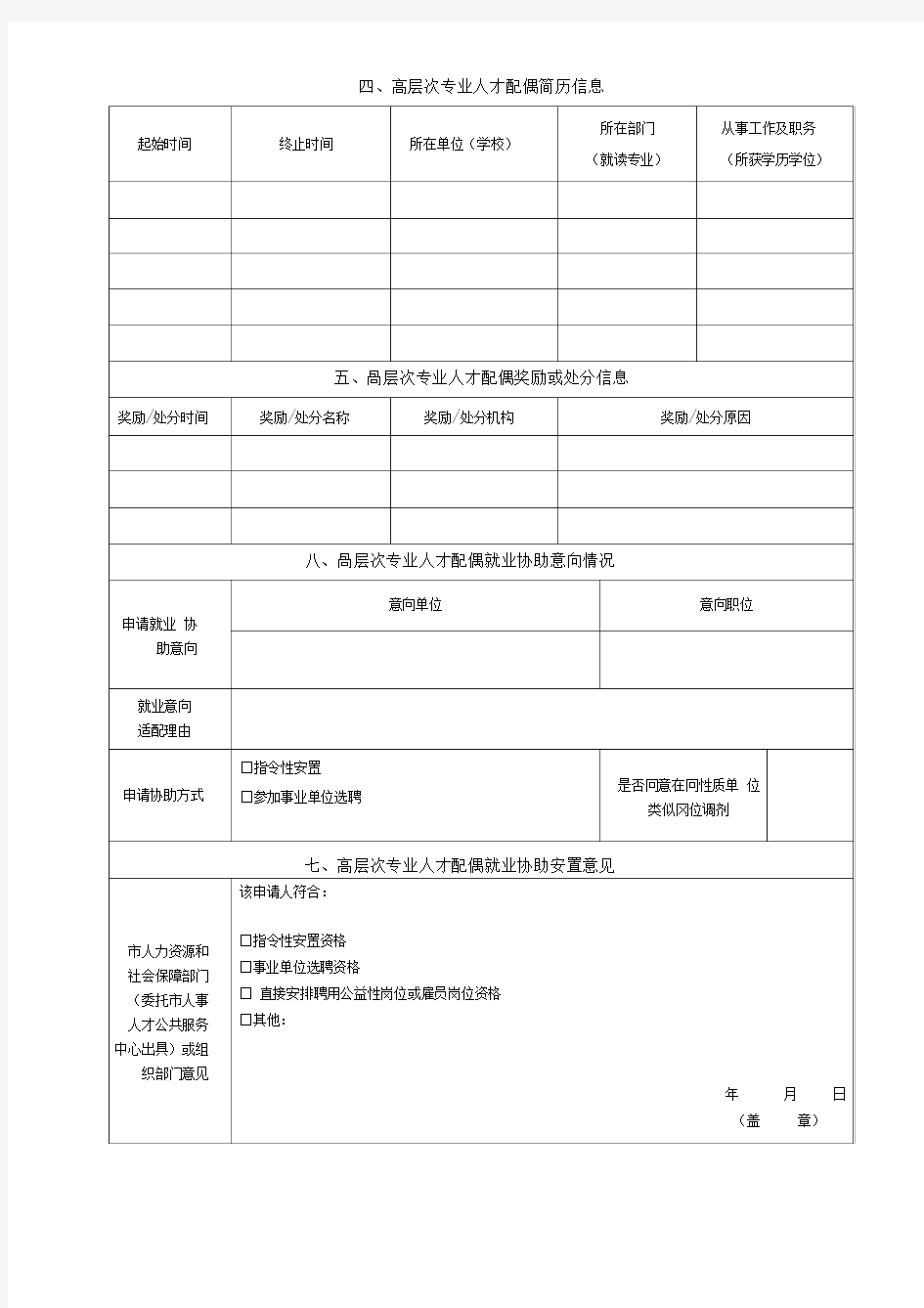 深圳市高层次专业人才配偶就业协助申请表