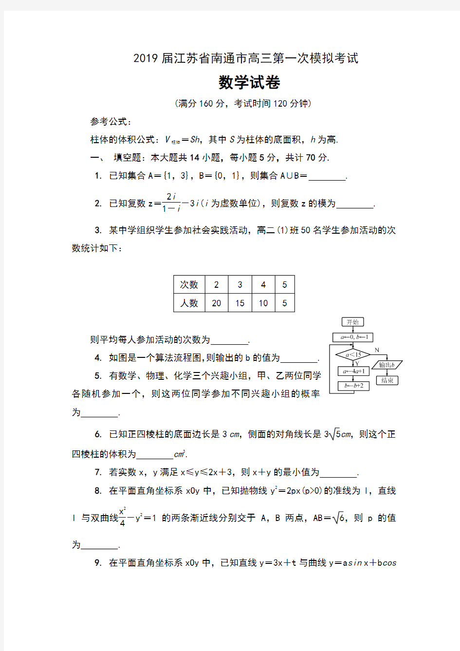 2019届江苏省南通市高三第一次模拟考试数学试卷及答案