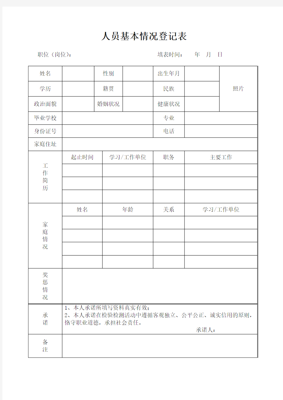 公司人员基本情况登记表