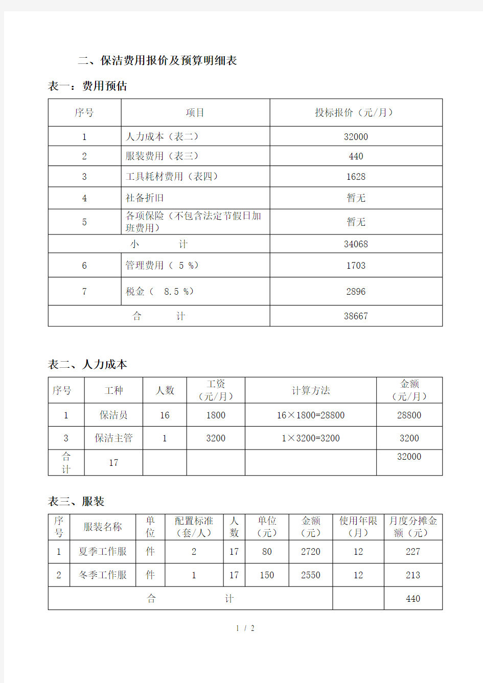 保洁费用报价及预算明细表