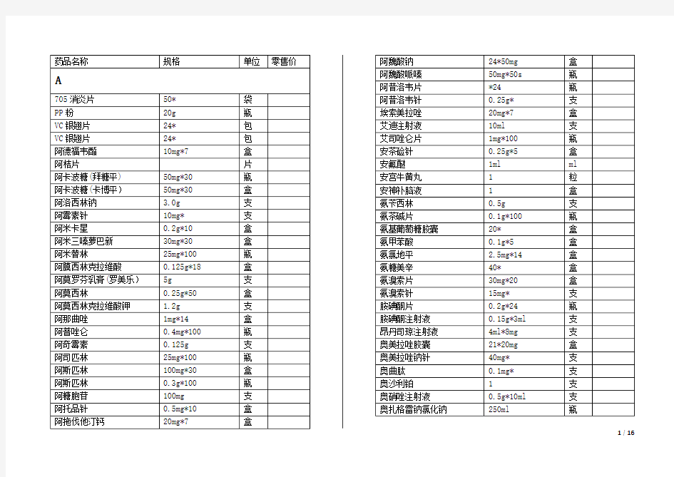 [医药]医院常用药物一览表空表