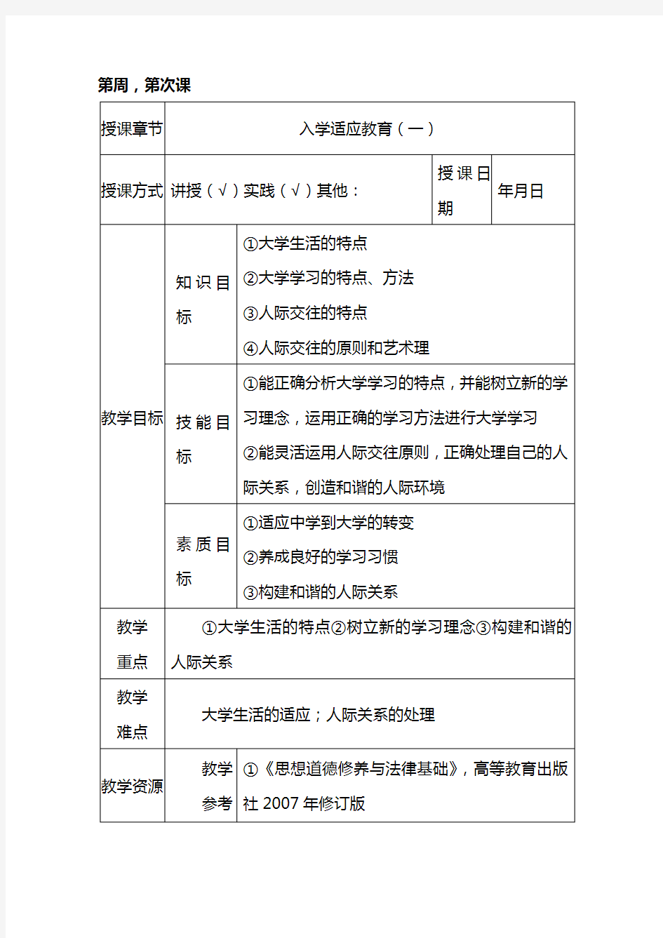 课程思政教学设计模板