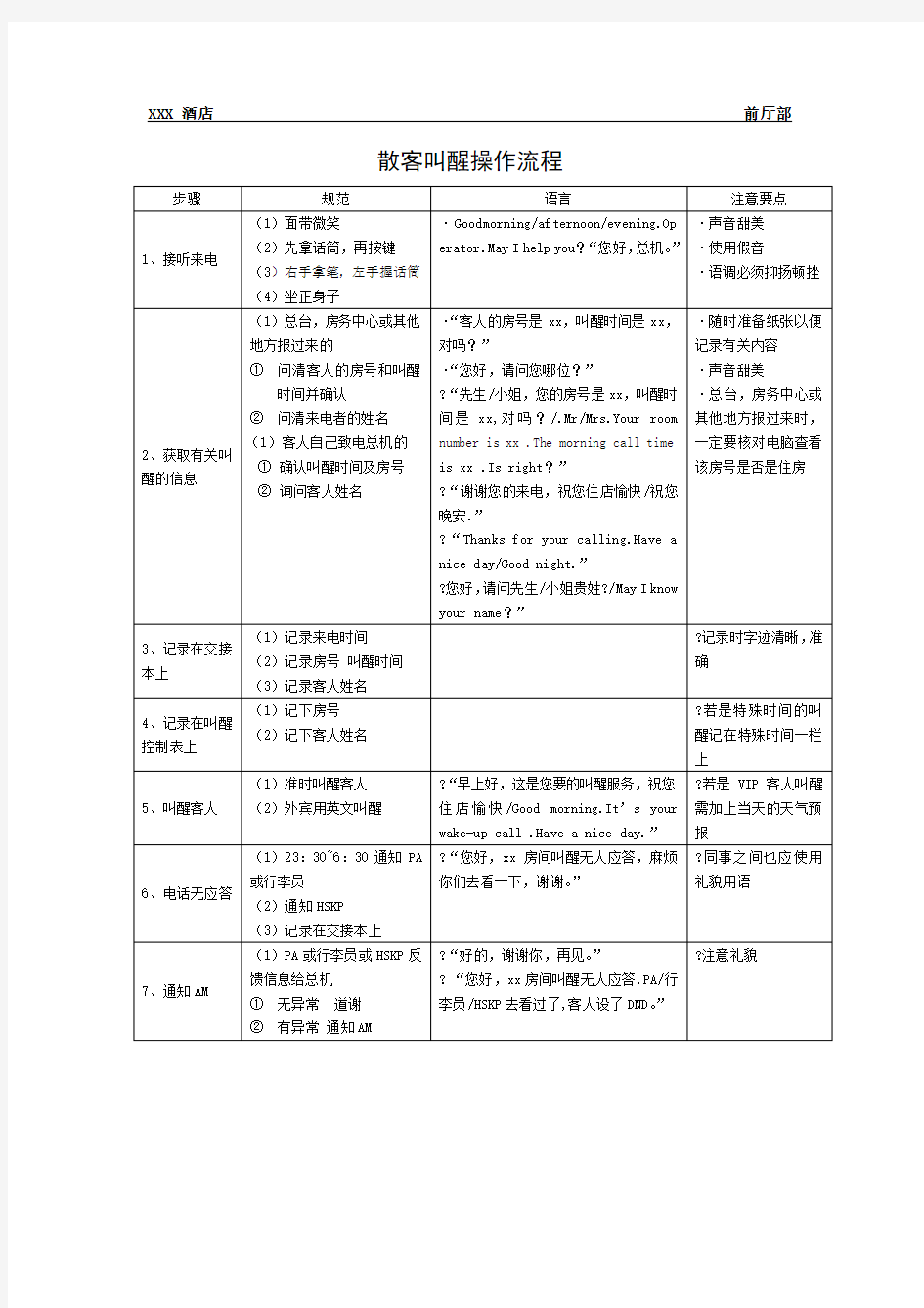 总台操作流程散客叫醒操作流程