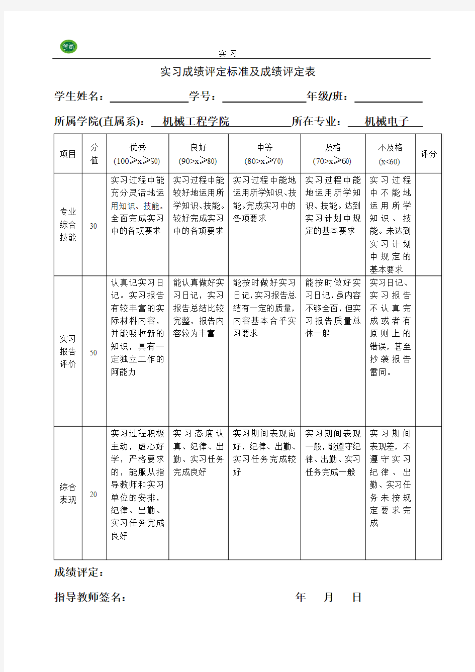 机械电子工程专业实习成绩评定标准