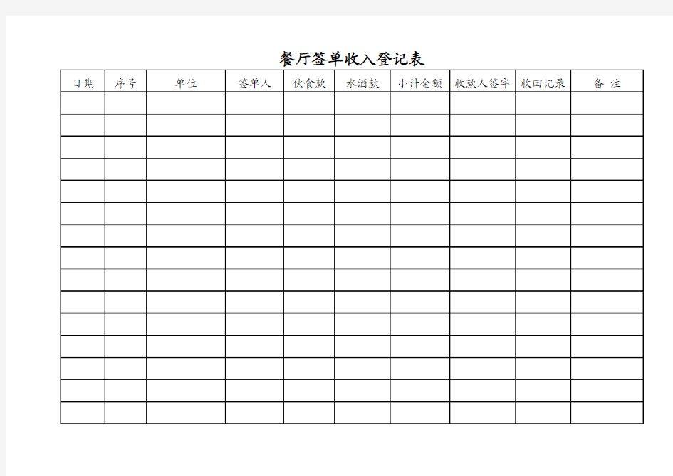 餐厅签单收入登记表