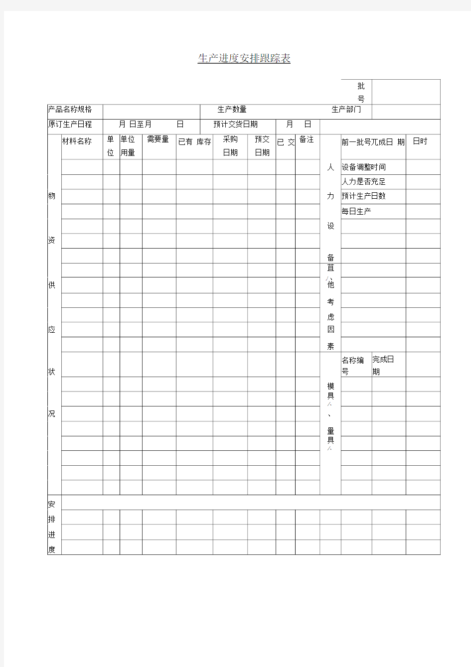 生产进度安排跟踪表