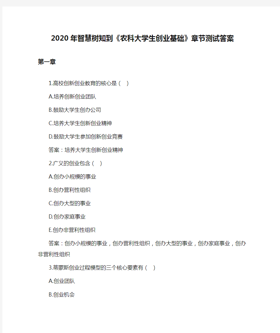 2020年智慧树知到《农科大学生创业基础》章节测试答案