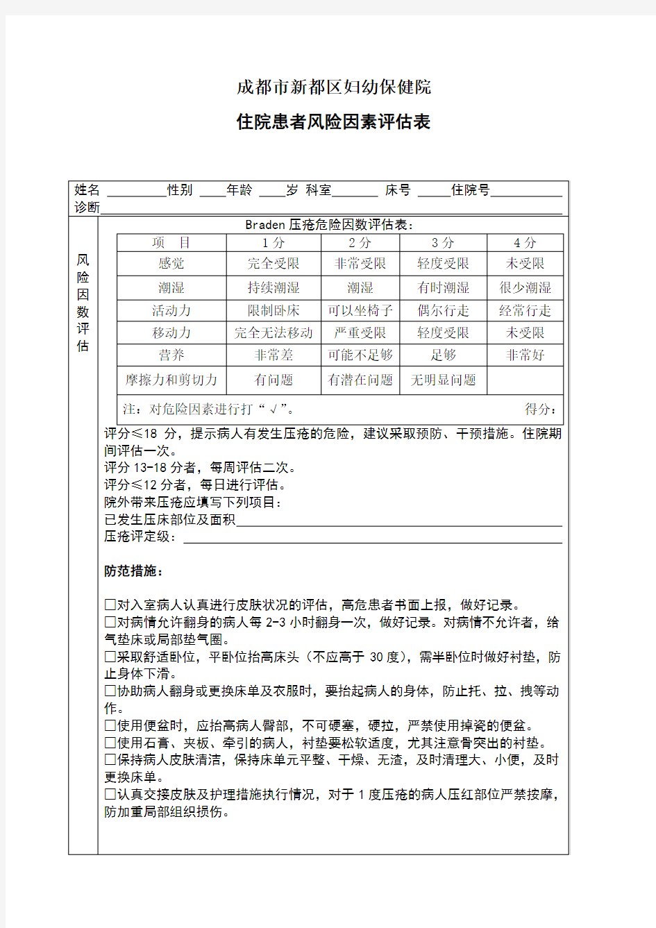 入院病人风险评估表