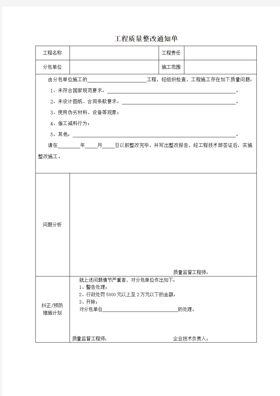 工程质量整改通知单