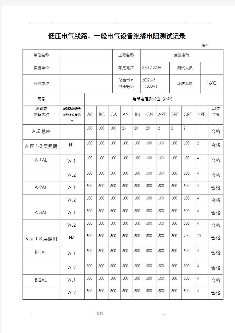 低压电气线路、照明配电箱绝缘电阻测试记录