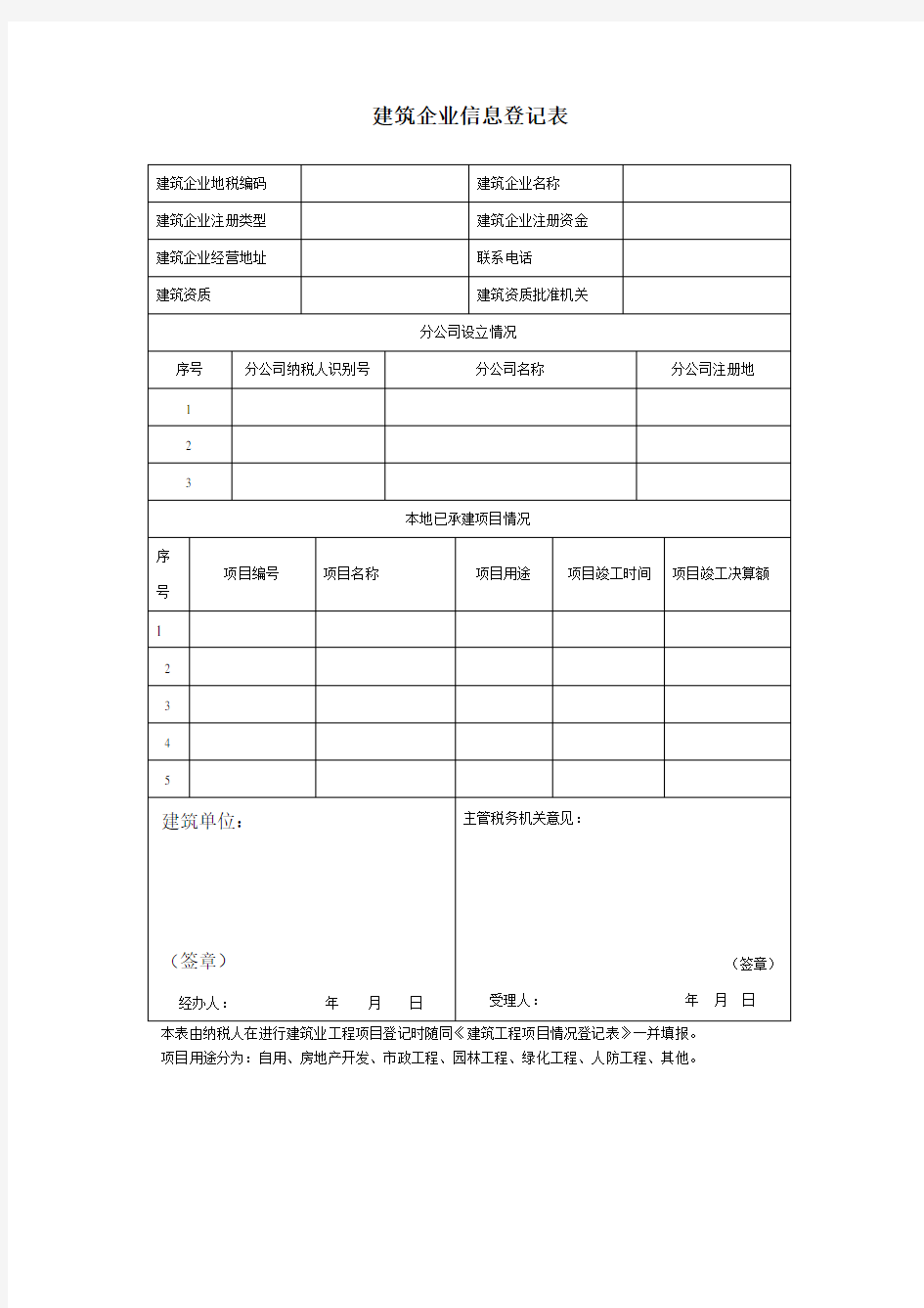 建筑企业信息登记表