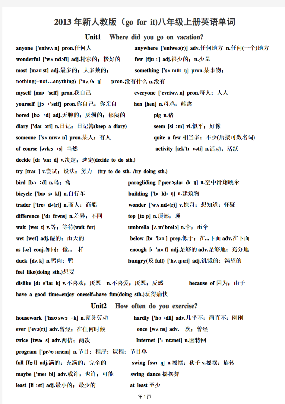 2013新人教版八年级上册英语单词表(含音标全册)