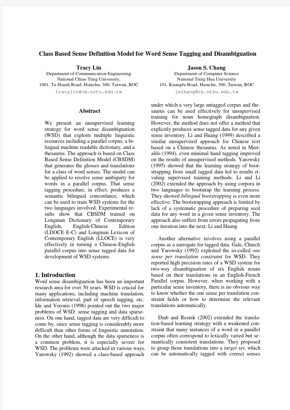 Class Based Sense Definition Model for Word Sense Tagging and Disambiguation