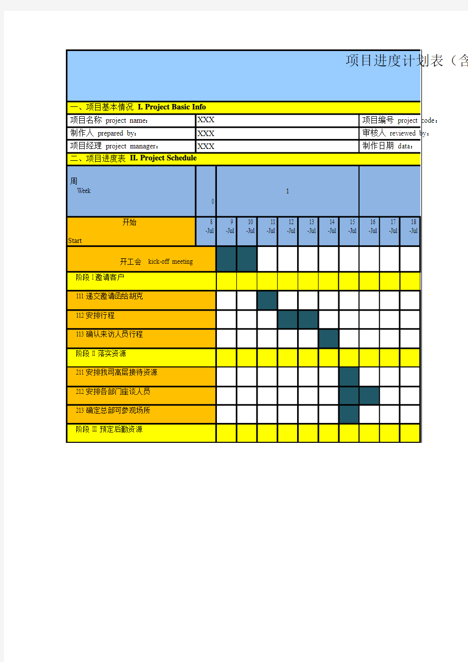 项目进度计划表(excel模板)(含范围&预算&质量评价&责任人&里程碑清单)