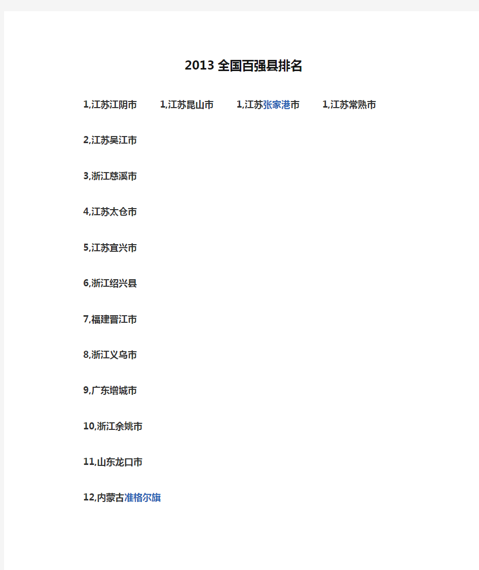 2013全国百强县排名