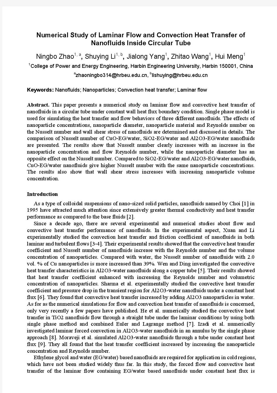 Numerical Study of Laminar Flow and Convection Heat Transfer of Nanofluids Inside Circular Tube