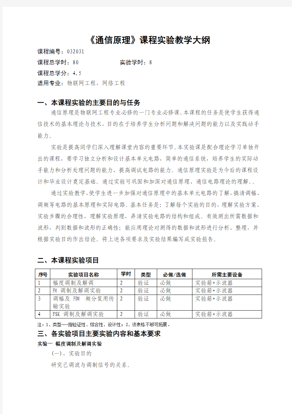 通信原理实验教学大纲