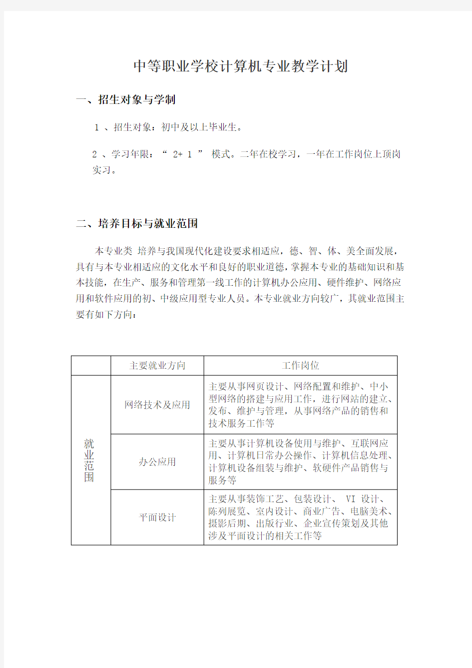 中等职业学校计算机专业教学计划