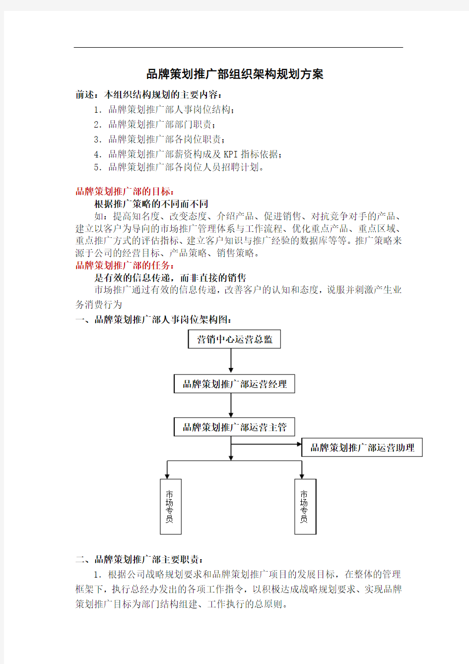 品牌策划推广部组织架构规划方案