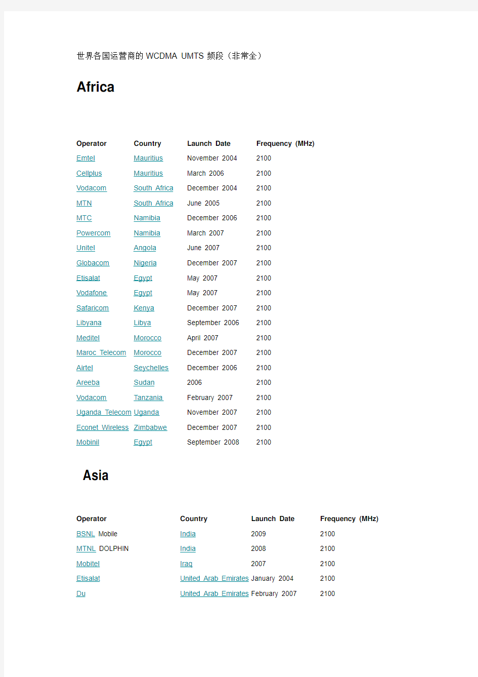 世界各国运营商的WCDMA UMTS频段(非常全)