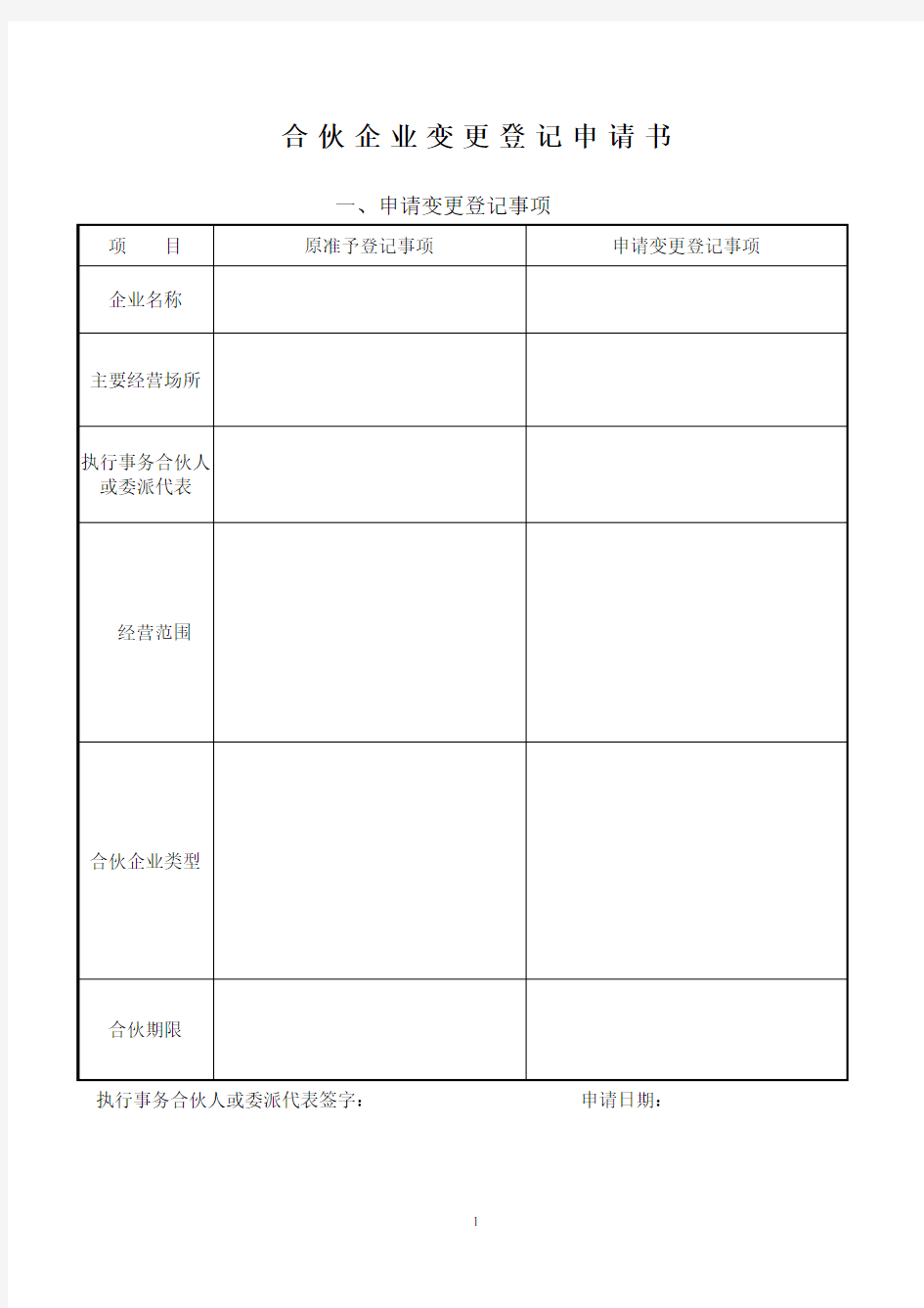 合伙企业变更申请书