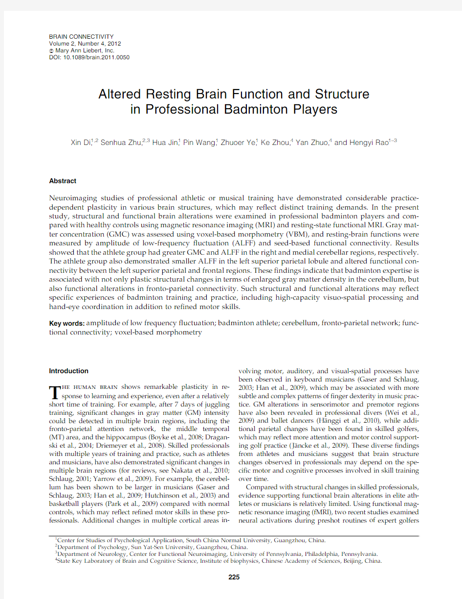 Altered Resting Brain Function and Structure in Professional Badminton Players