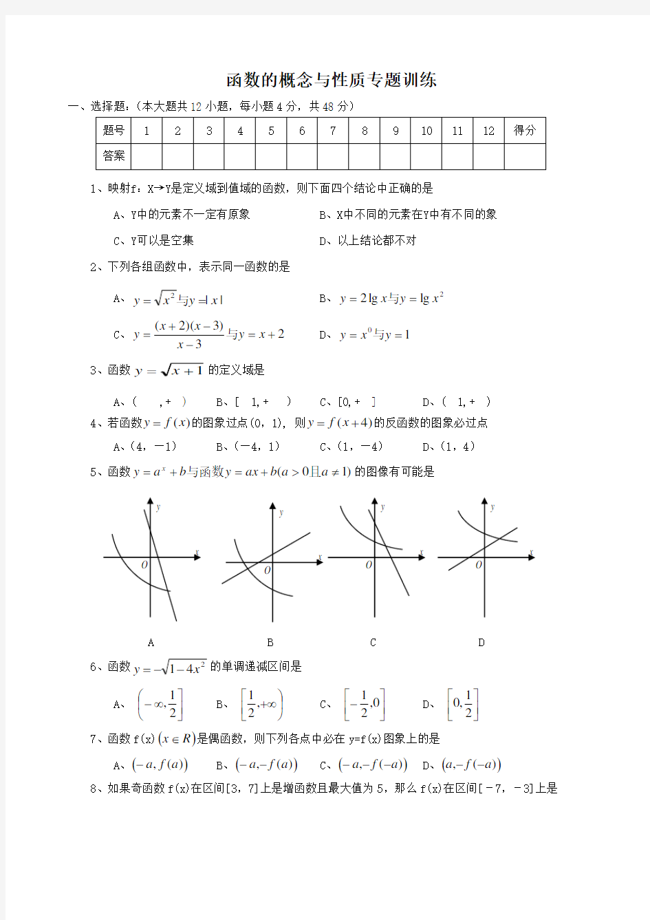 (推荐)高中数学会考专题集锦-函数的概念与性质专题训练