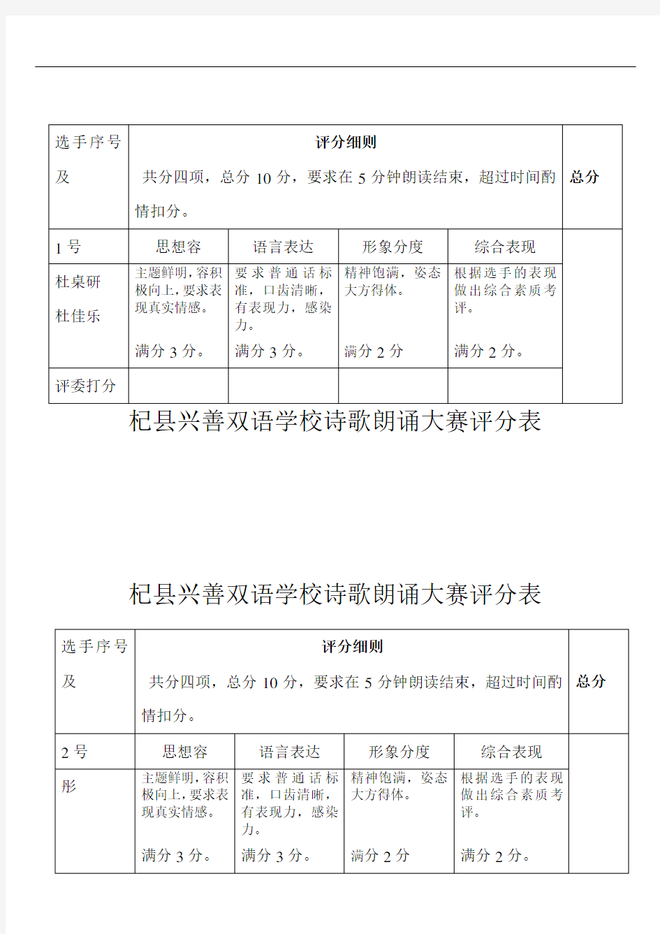 诗歌朗诵比赛评分表格