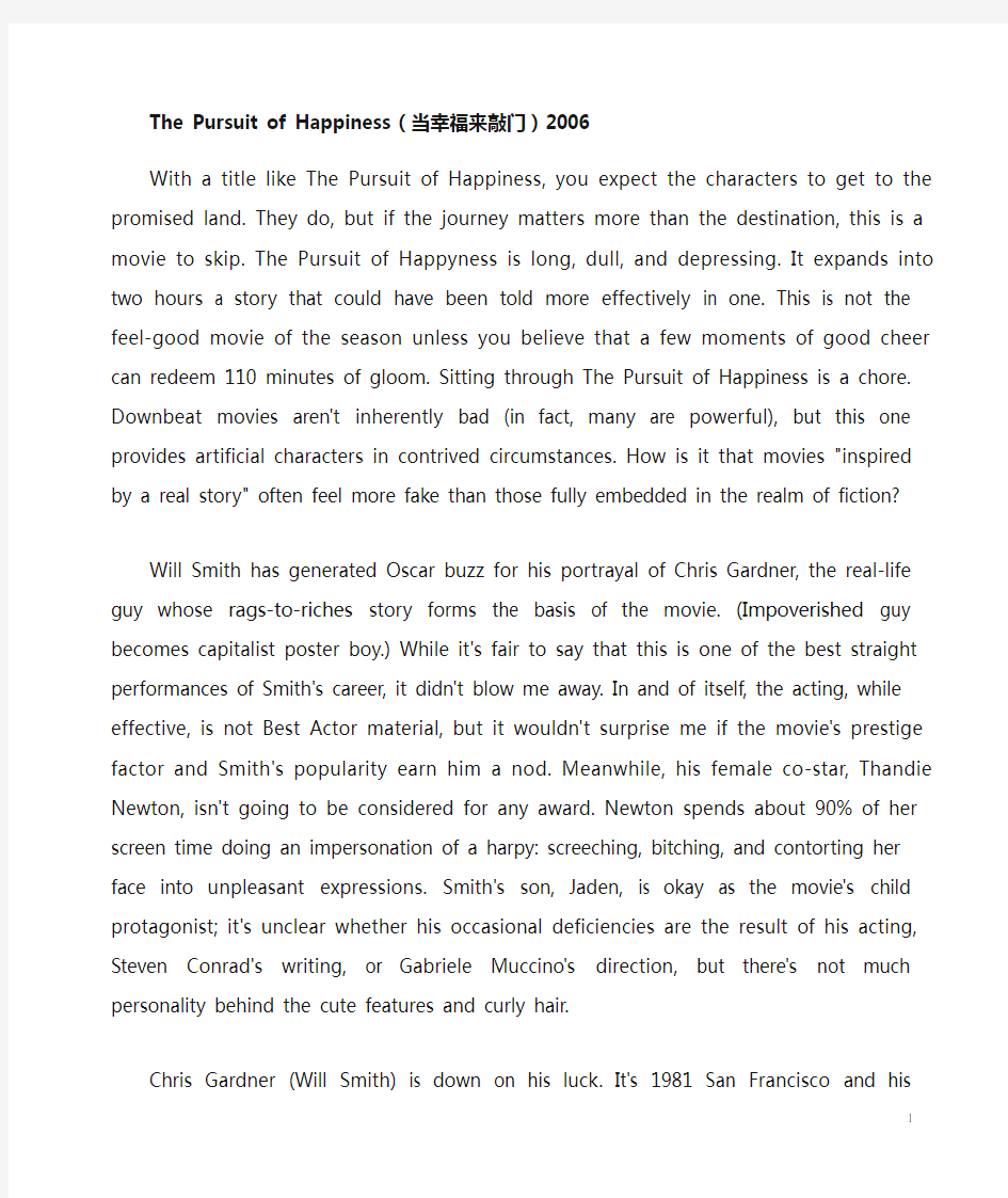 The Pursuit of Happiness(当幸福来敲门)经典电影英文影评