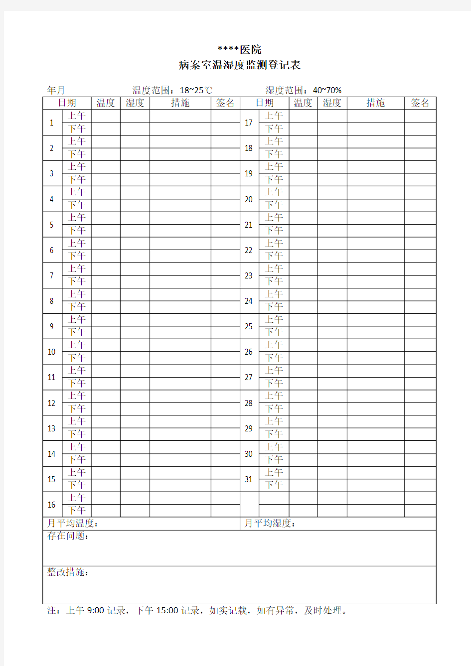 病案室温湿度监测登记表