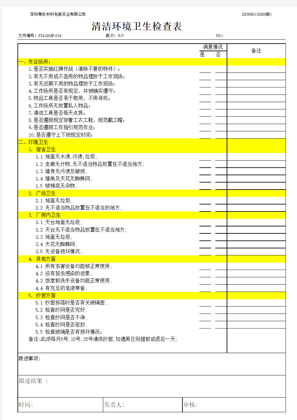 GMP 全套表格记录 016清洁环境卫生检查表