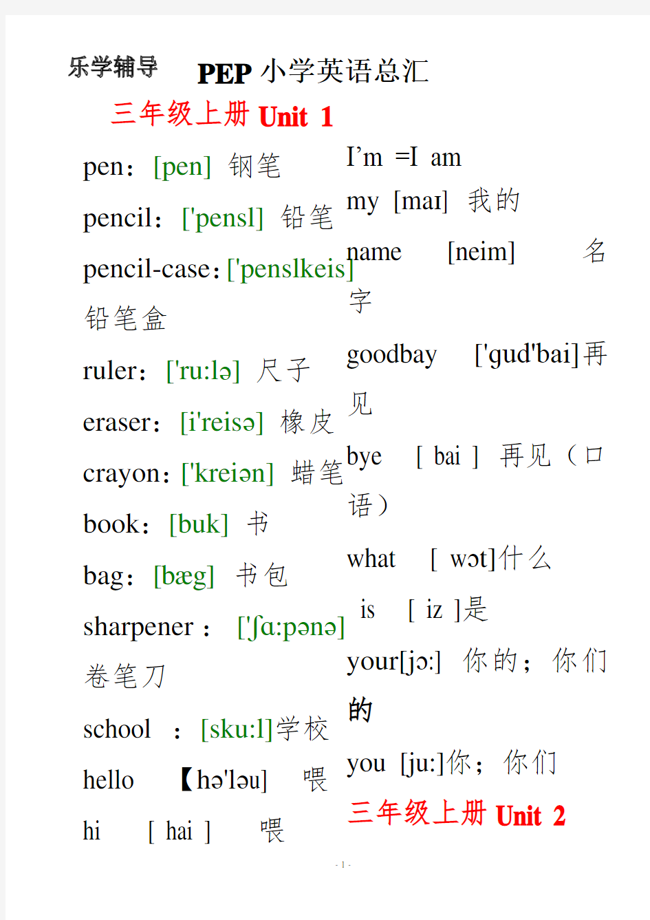 (完整版)人教版小学英语单词表(带音标)