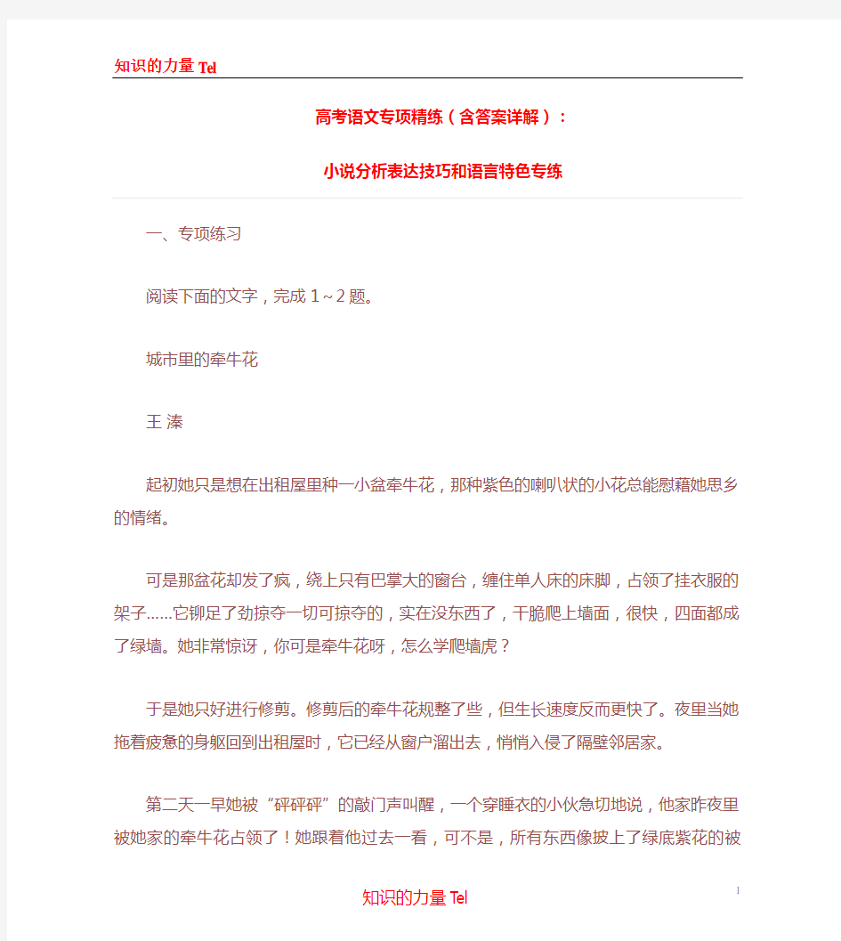 高考语文专项精练(含答案详解)：小说分析表达技巧和语言特色专练