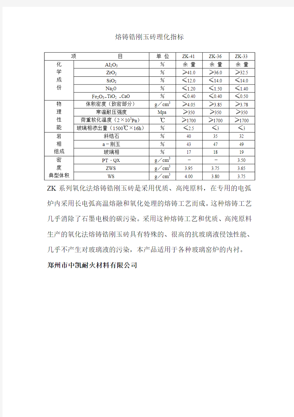 熔铸锆刚玉砖理化指标