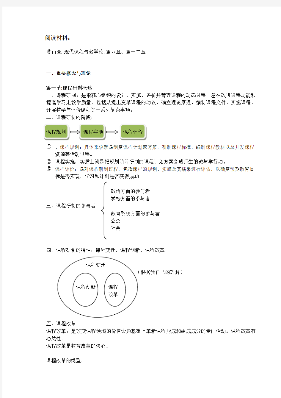 阅读材料： 黄甫全现代课程与教学论第八章、第十二章 一、重要概念与 