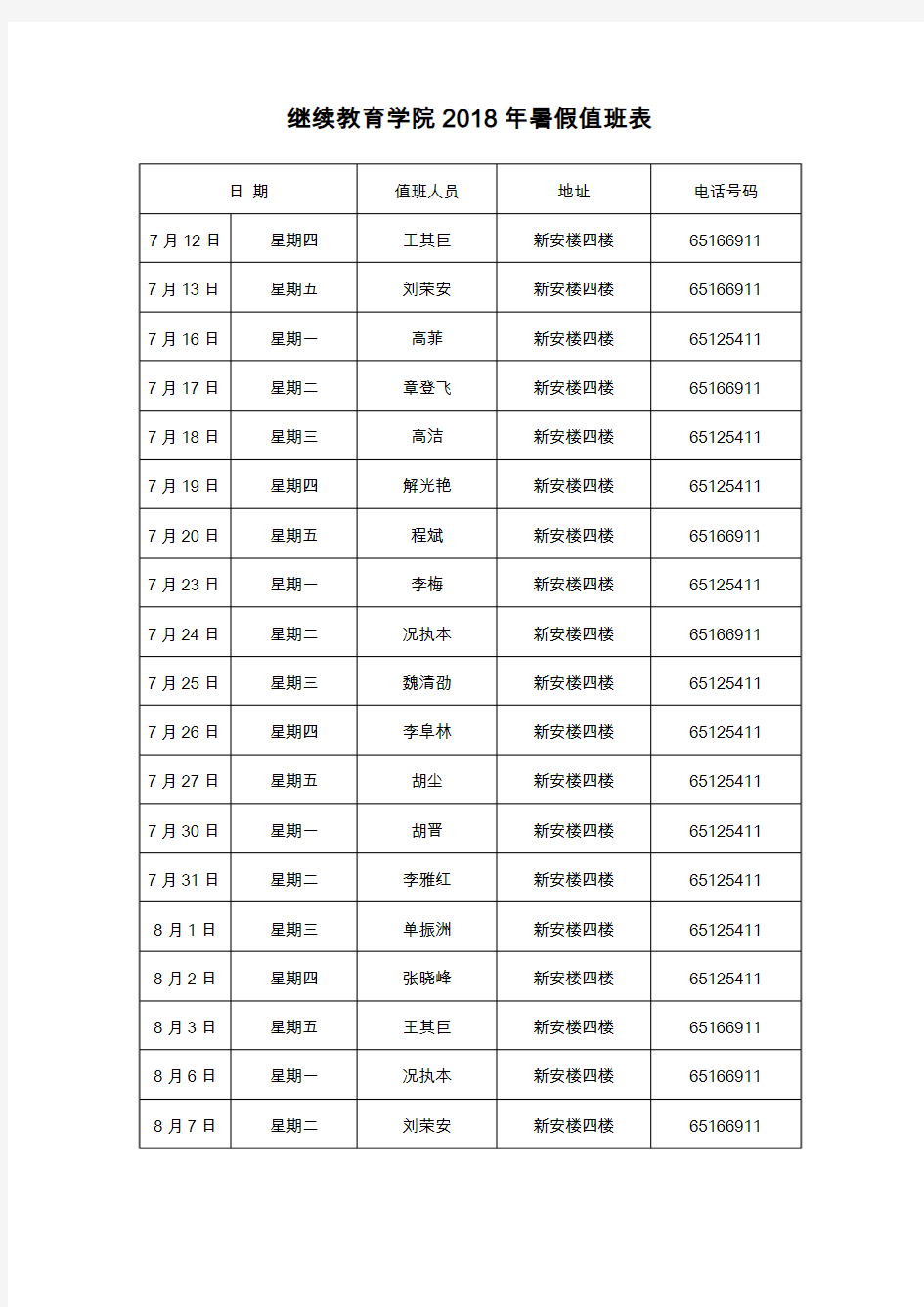 继续教育学院2018年暑假值班表