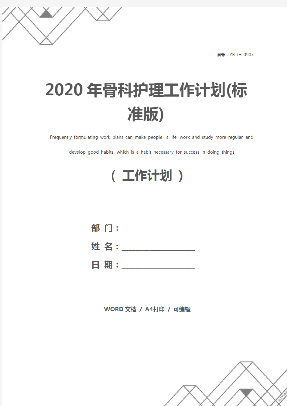 2020年骨科护理工作计划(标准版)